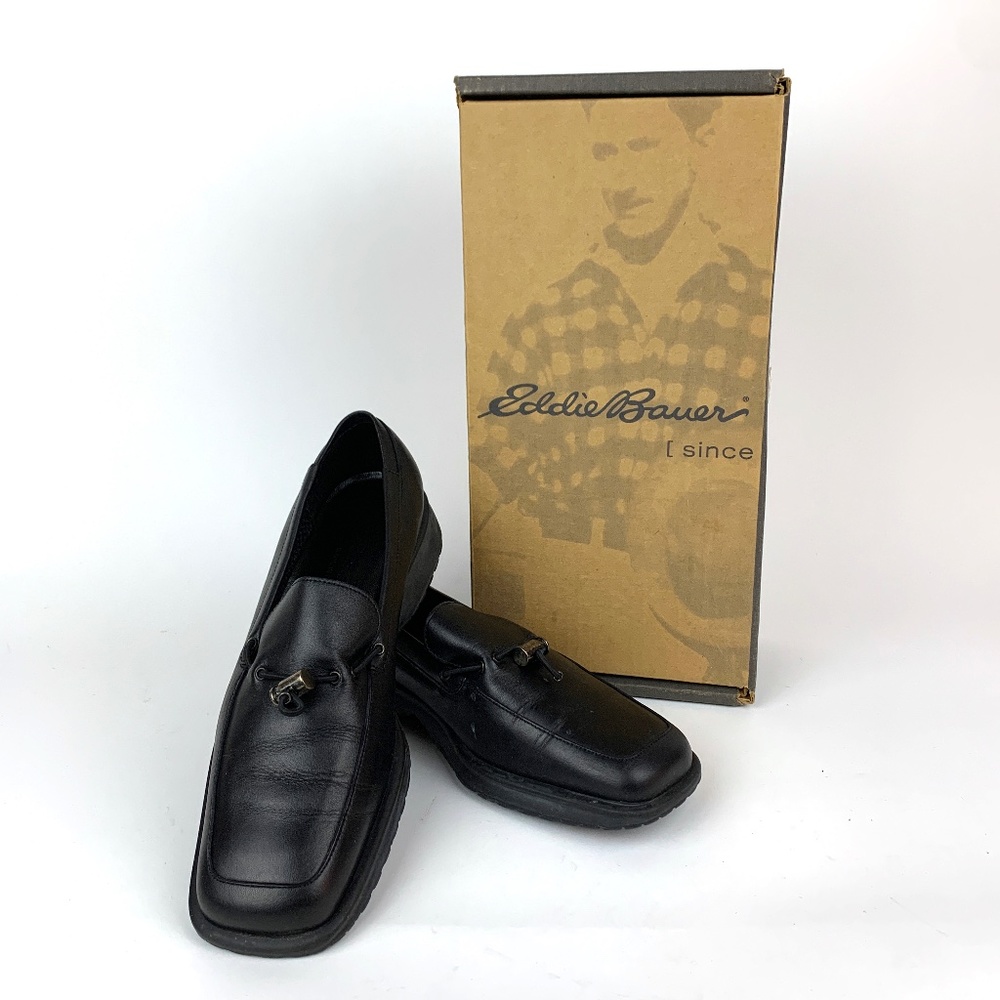 NEW Women's Eddie Bauer Black Leather Toggle Loafer Sz 8.5M Made in Italy in Box